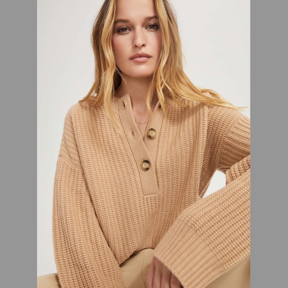 Something Navy Sweater Women Small Tan Camel‎ Wool Cashmere Henley Ribbed